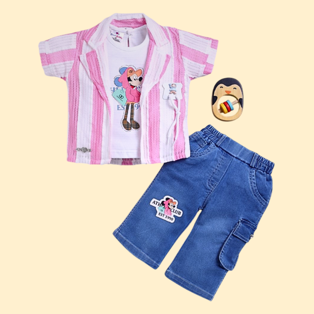 Girls’ Popit Printed Top With Overcoat and Denim Shorts Set