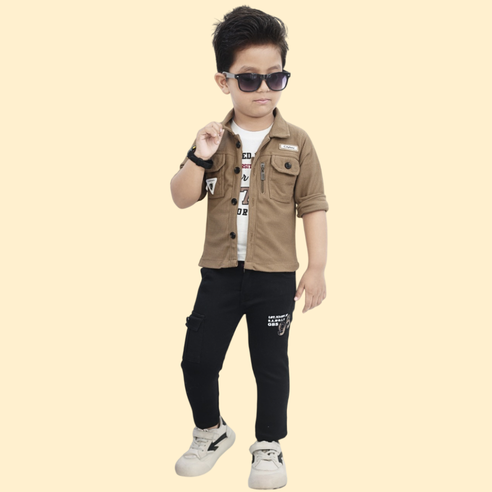 CITY BOY : Kids Boys’ 3-Piece Casual Outfit – Graphic T-Shirt, Striped Shirt & Pants Set