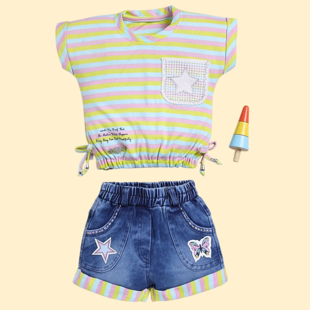 Girls’ Popit Printed Sleeveless Top and Denim Shorts Set