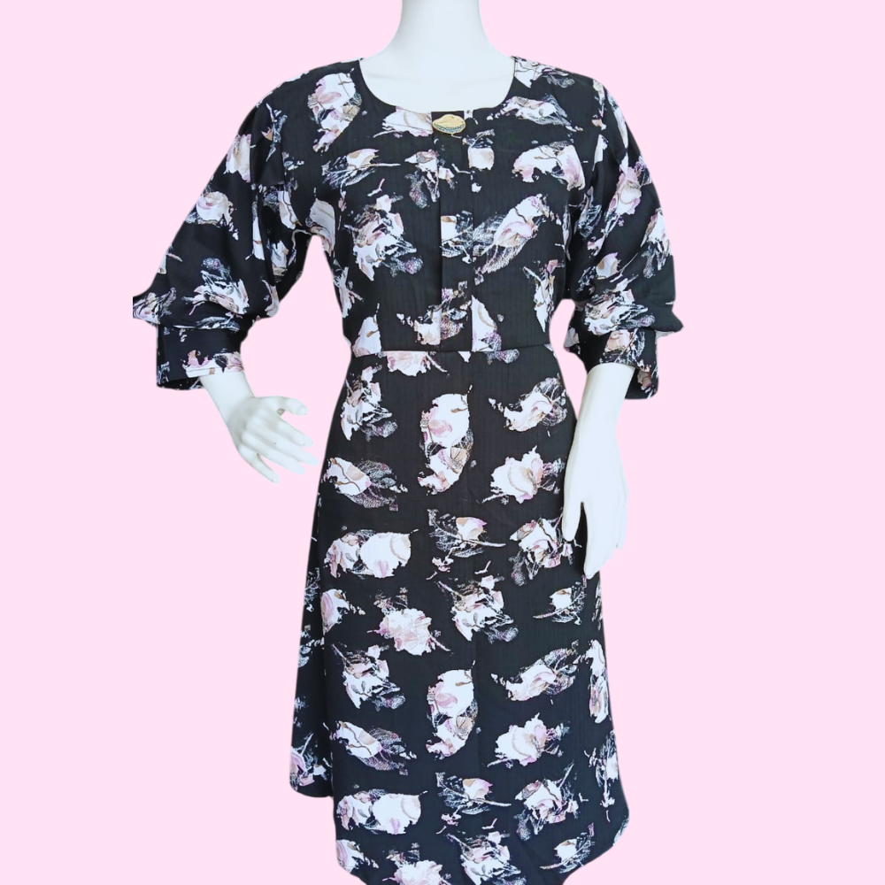 SHAGUN : Women’s Casual Puff Sleeves Crepe Printed Fit and Flare Dress