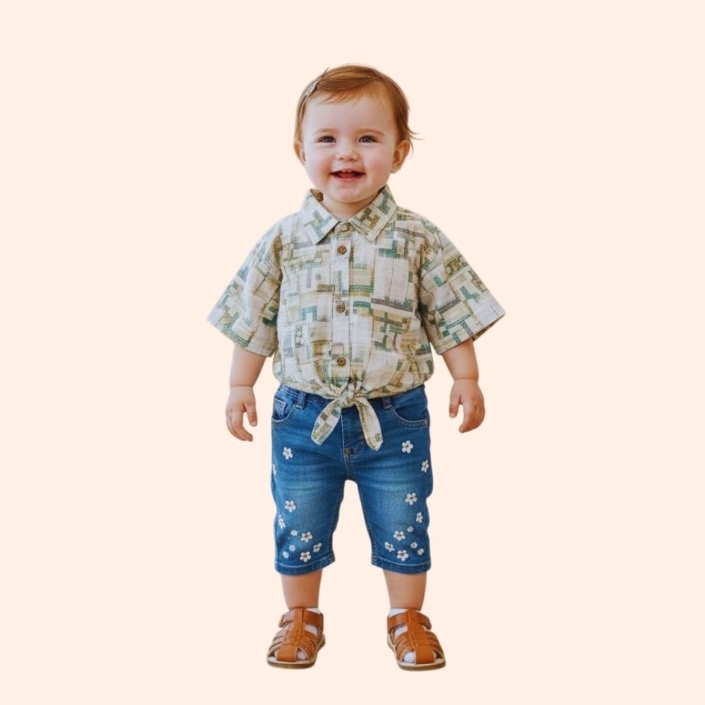 JIGGLING JOY : Kids Wear Top and Denim Jeans Set Off Sleeve