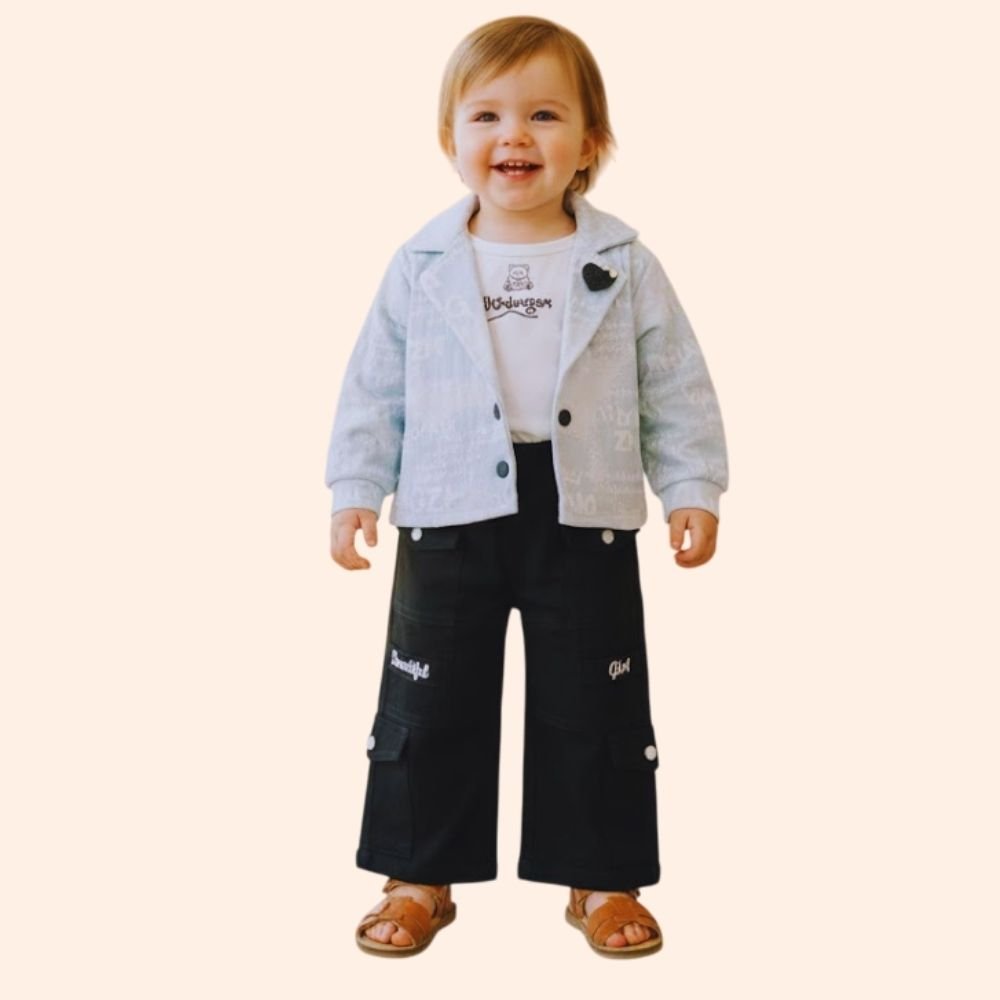 MYDEAL : Co-ord Set for Girls –  Light GreyFloral Printed Shirt & Pants |
