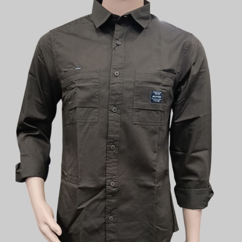 BUFFER : Double Pocket Solid Cotton Regular Fit Casual Shirt With Spread Collar and Full Sleeves