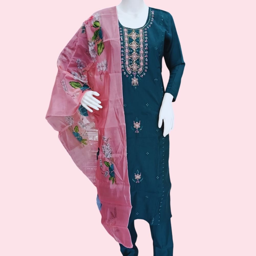 Women’s Cotton Blend Embroidered Kurta Pant with Silk Prited Dupatta