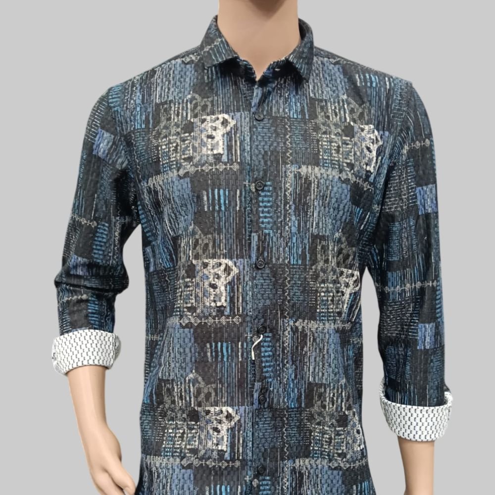 INDIAN VINTAGE : Men’s printed Popcorn Fabric Shirt with Mandarin Collar | Full Sleeve Lightweight Textured Shirt | Soft & Breathable Stylish Smart Fit for Travel