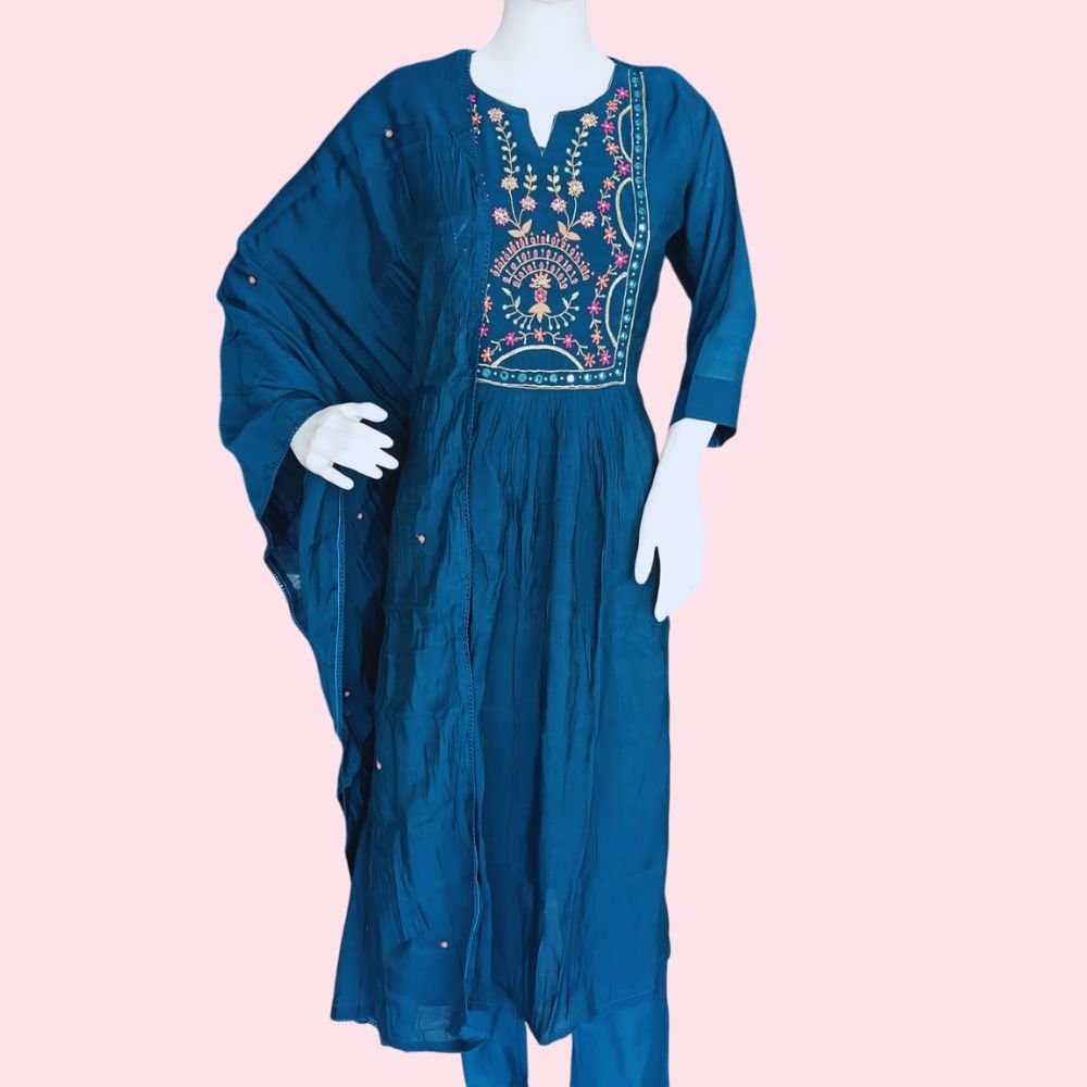 SAKSHI :  Women’s Embroidery Anarkali Kurti and Pant with Dupatta Set