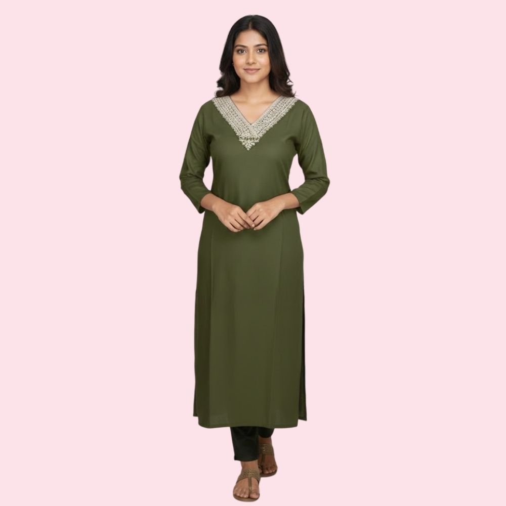 FASHION STYLE : Women’s Straight Solid Kurti with V- Neck |3/4th Sleeve Kurta for Woman