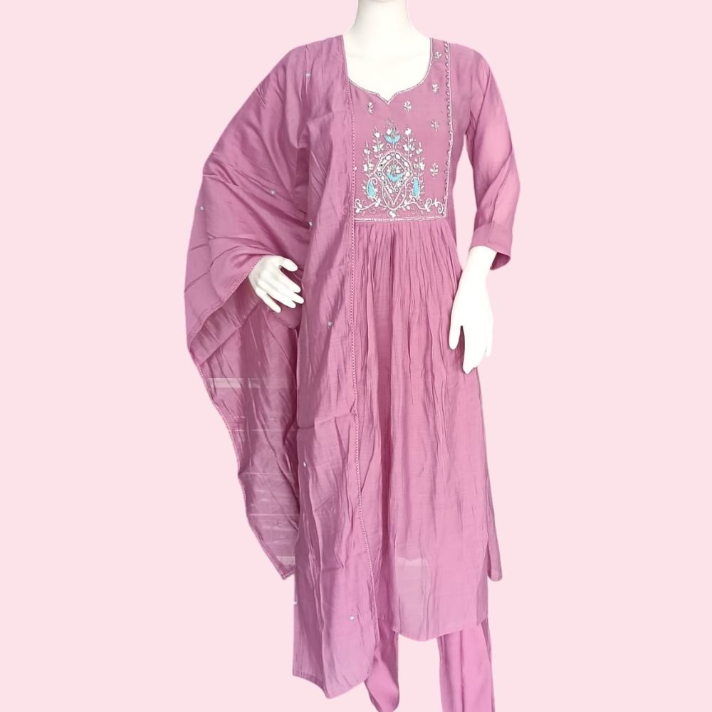 SAKSHI : Women’s Embroidery Anarkali Kurti and Pant with Dupatta Set