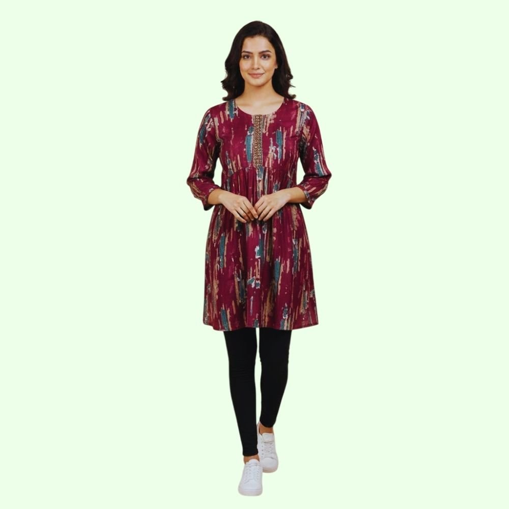 SHAGUN : Fabric Printed Round Neck Short Kurtis for Women Top Dresses