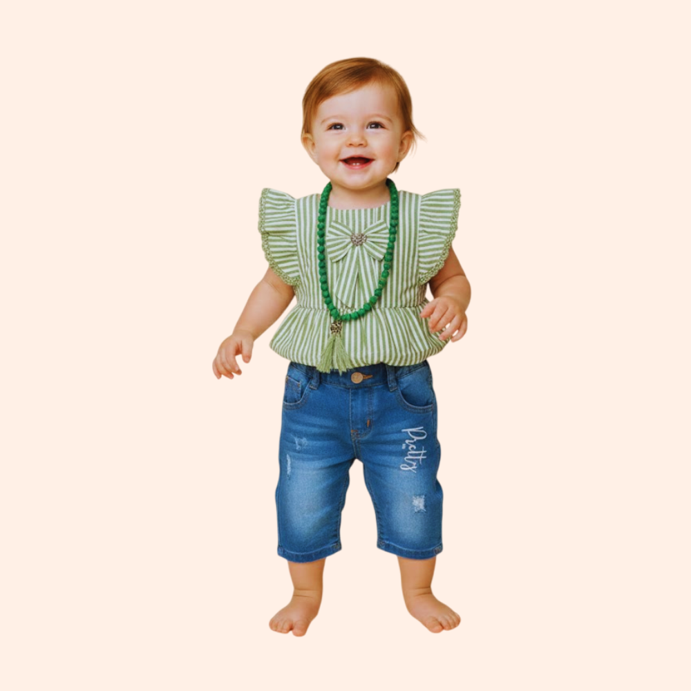 MYDEAL : Baby Girls Short Sleeves  Dress with Pants , Round Neck