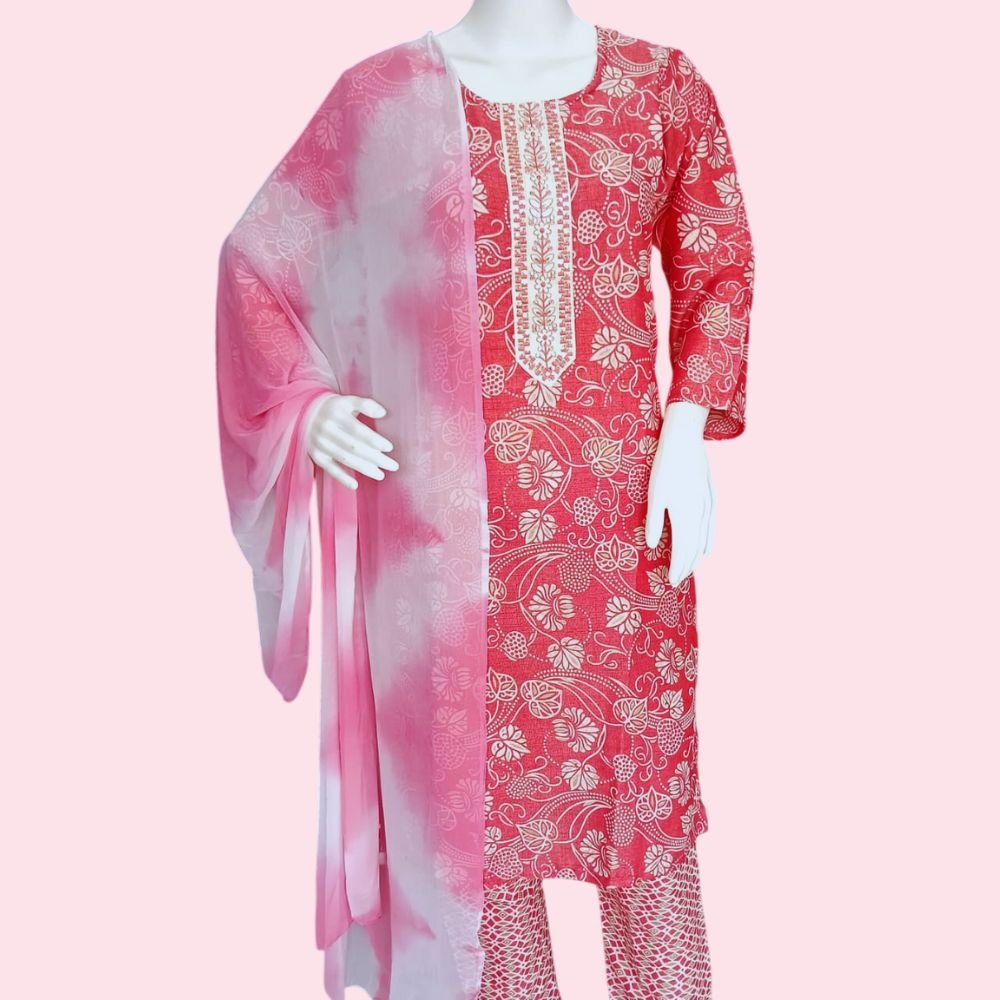 LIGHTPINK : Women’s Cotton Printed Straight Kurta with  & Dupatta Set