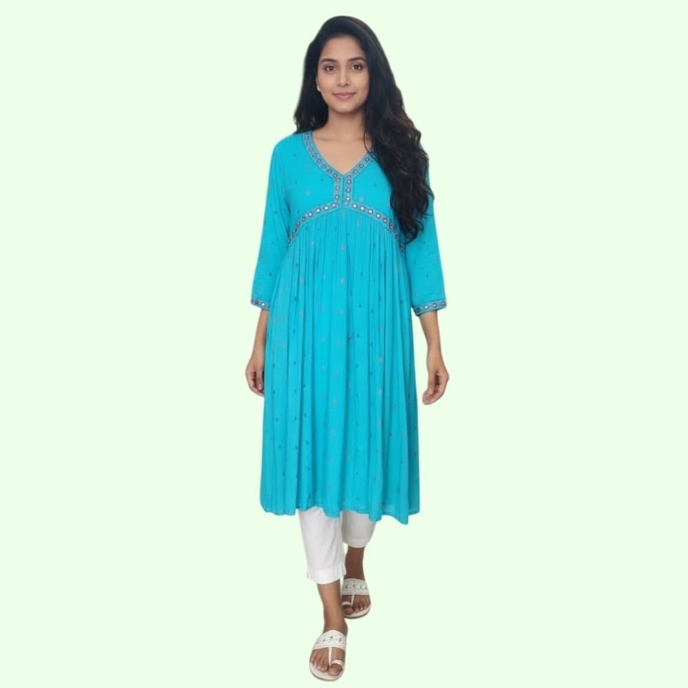 MADHURMA : Women’s  Blue Aliya Cut Rayon Anarkali Kurta for Womens