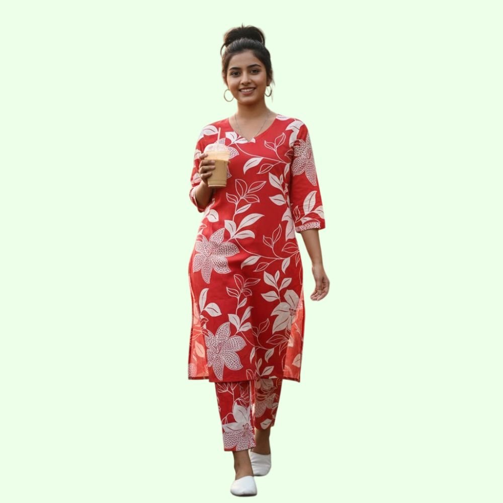 VANDAMI : Women’s Cotton Printed Straight Kurti with Pant Two Piece Co-ord Set