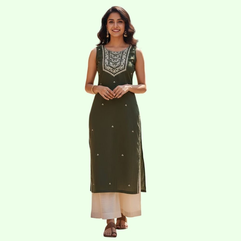 Cotton Blend Embroided Sleeveless Kurta for Women