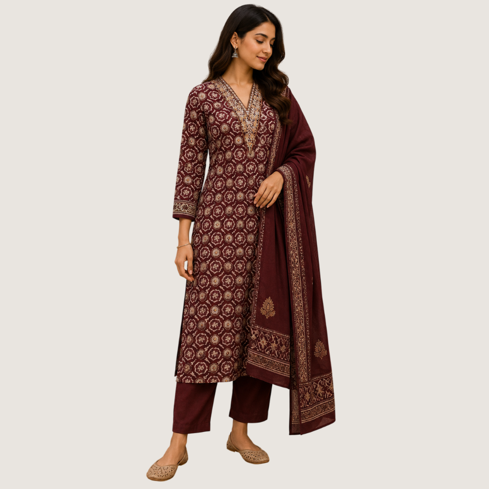 MILAN : Women’s Maroon Embroidered Printed Straight Kurta Set with Dupatta