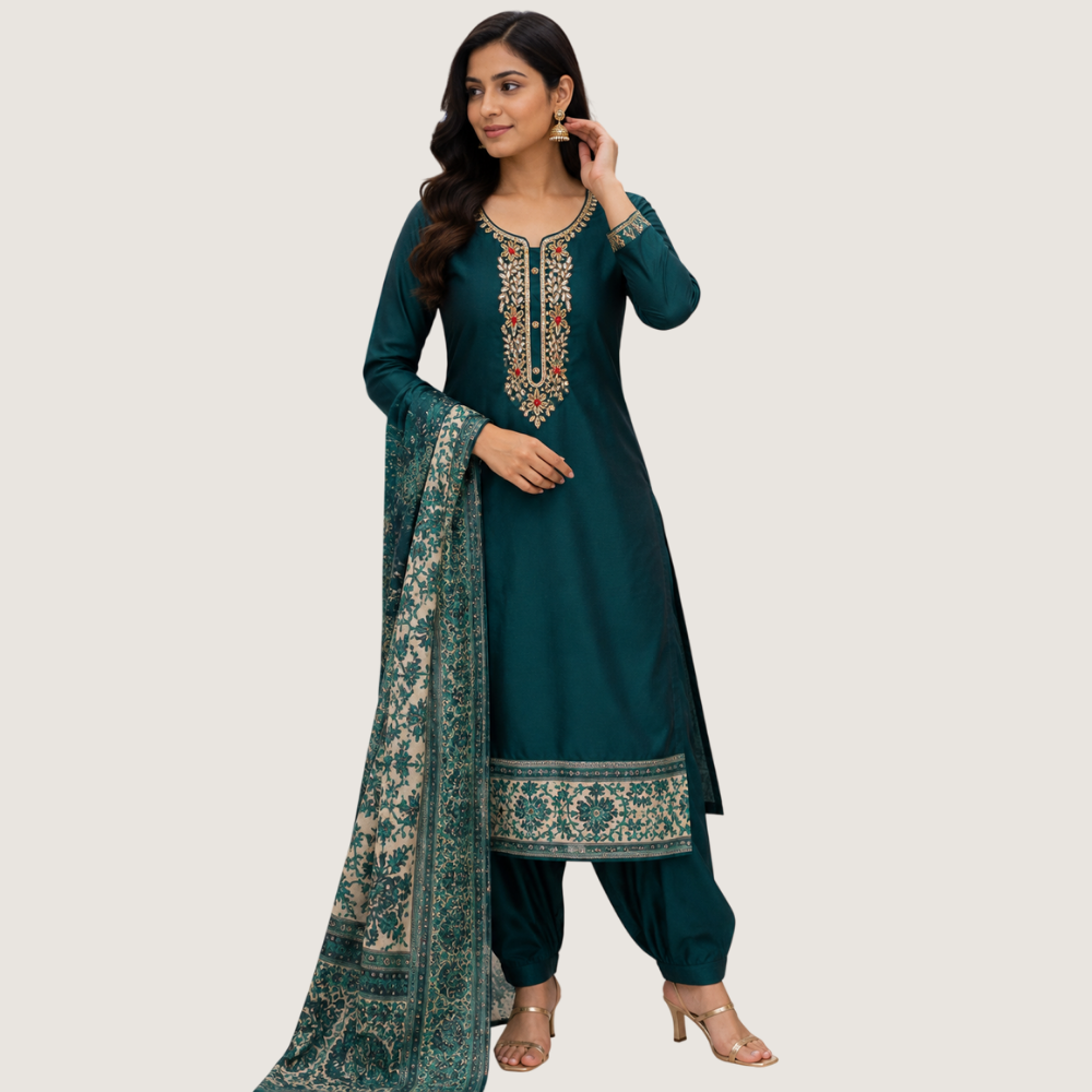 BREATHE FASHION : Elegant Teal Embroidered Straight Kurta with Printed Dupatta & Patiala Pants