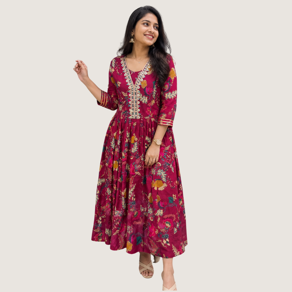 MARCIA : Women’s Floral Printed Anarkali Kurta Dress with Embroidered Neckline