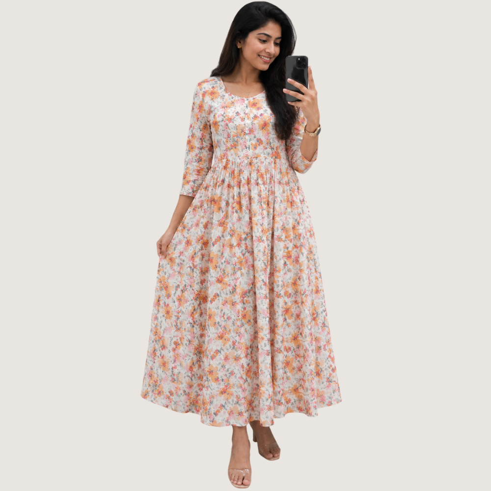 VANDAMI : Women’s Floral Printed Flared Maxi Dress