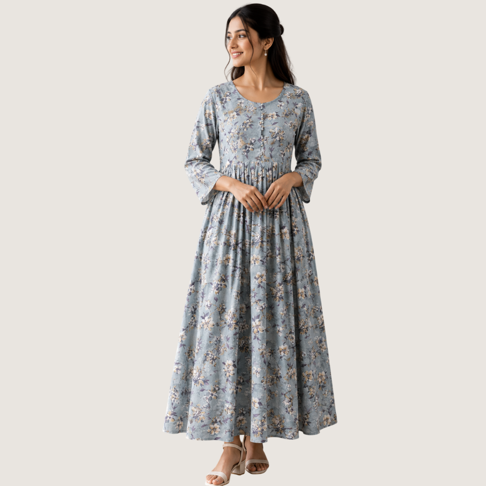 VANDAMI : Women’s Elegant Blue Floral Printed Ankle-Length Dress
