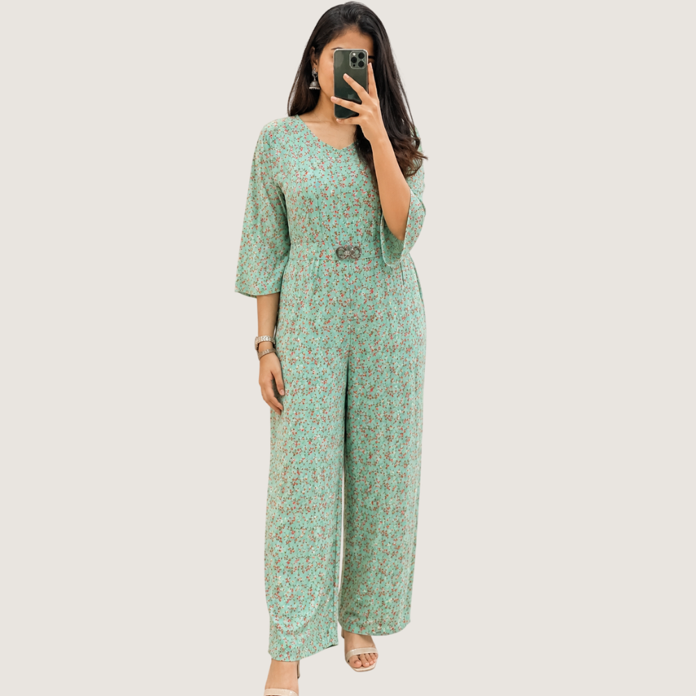 ZOLA : Women’s Mint Green Floral Printed Wide-Leg Jumpsuit