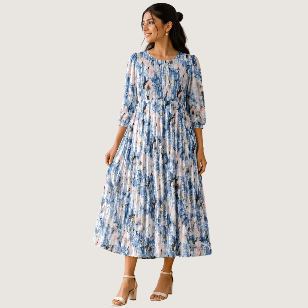 ZOLA : Women’s Blue Floral Pleated Midi Dress