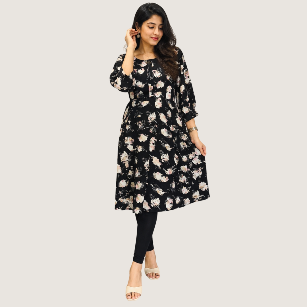 ENGLISH LADY : Black Floral Printed Women’s A-Line Kurti