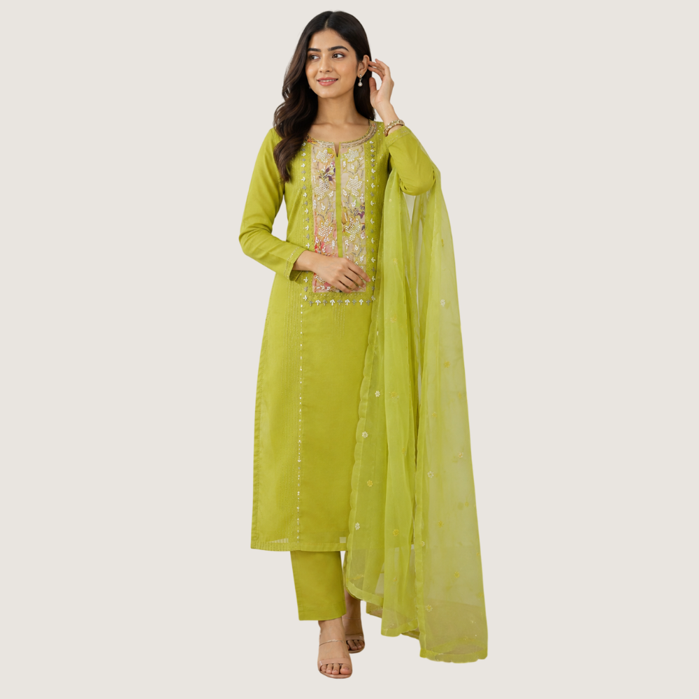 MARCIA : Lime Green Embroidered Kurta Set with Organza Dupatta