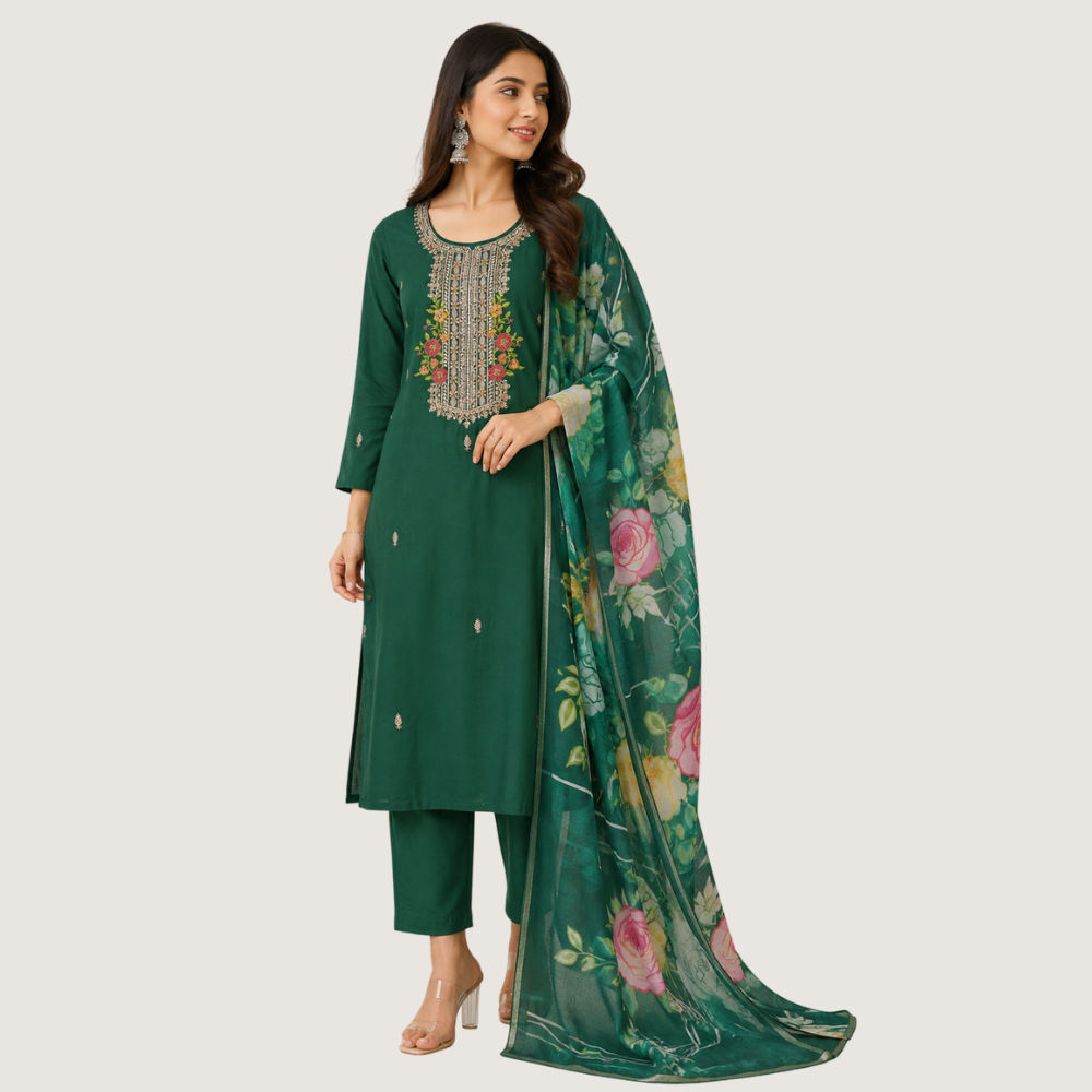 BREATHE FASHION : Bottle Green Floral Printed Embroidered Kurta Set with Dupatta
