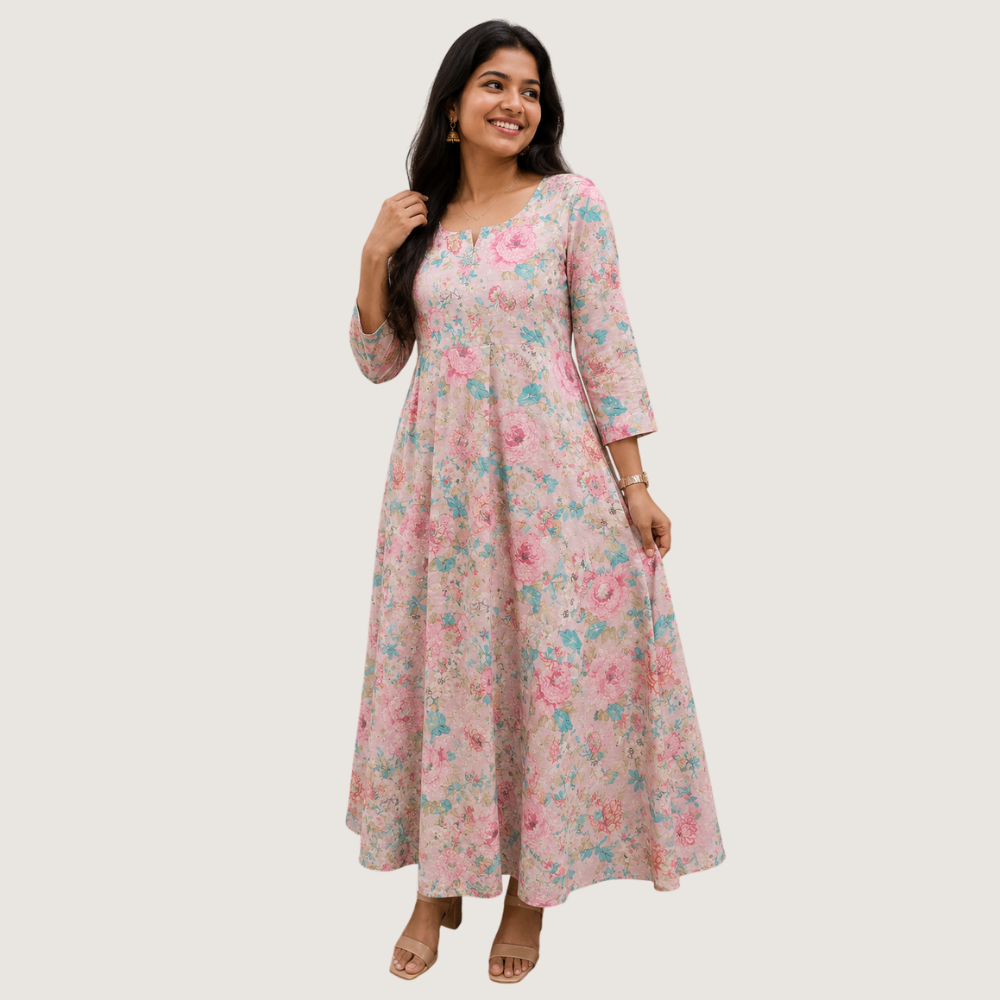 VIDARSHA : Women’s Pastel Pink Floral Printed A-Line Maxi Dress