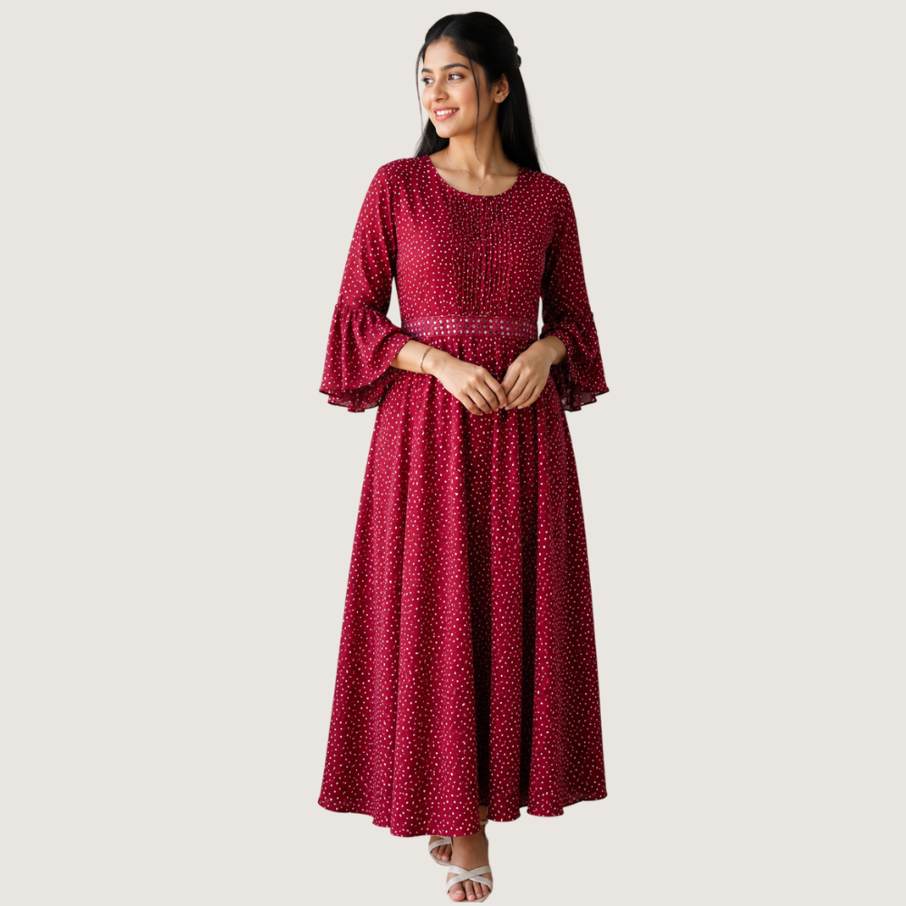 LIVA : Women’s Maroon Printed Flared Maxi Dress