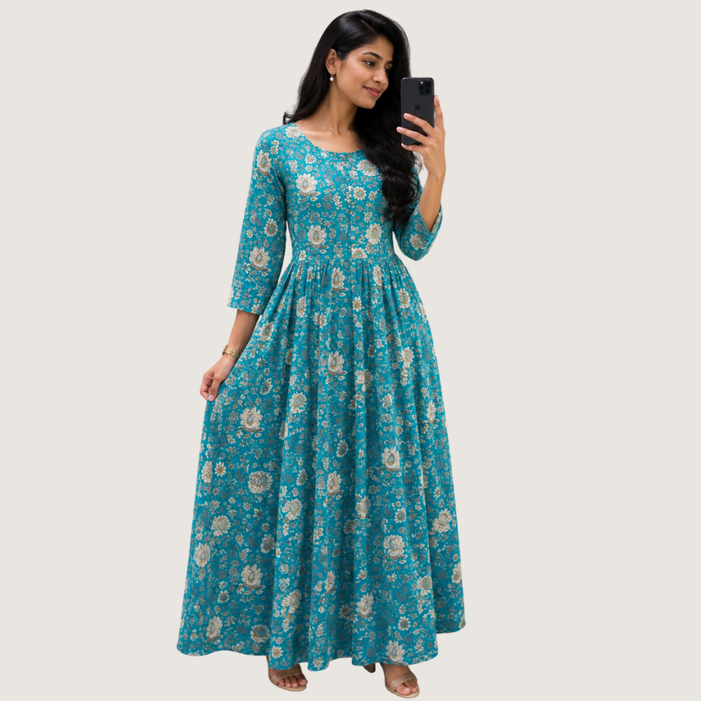 VANDAMI : Women’s Teal Blue Floral Printed Full-Length Anarkali Maxi Dress