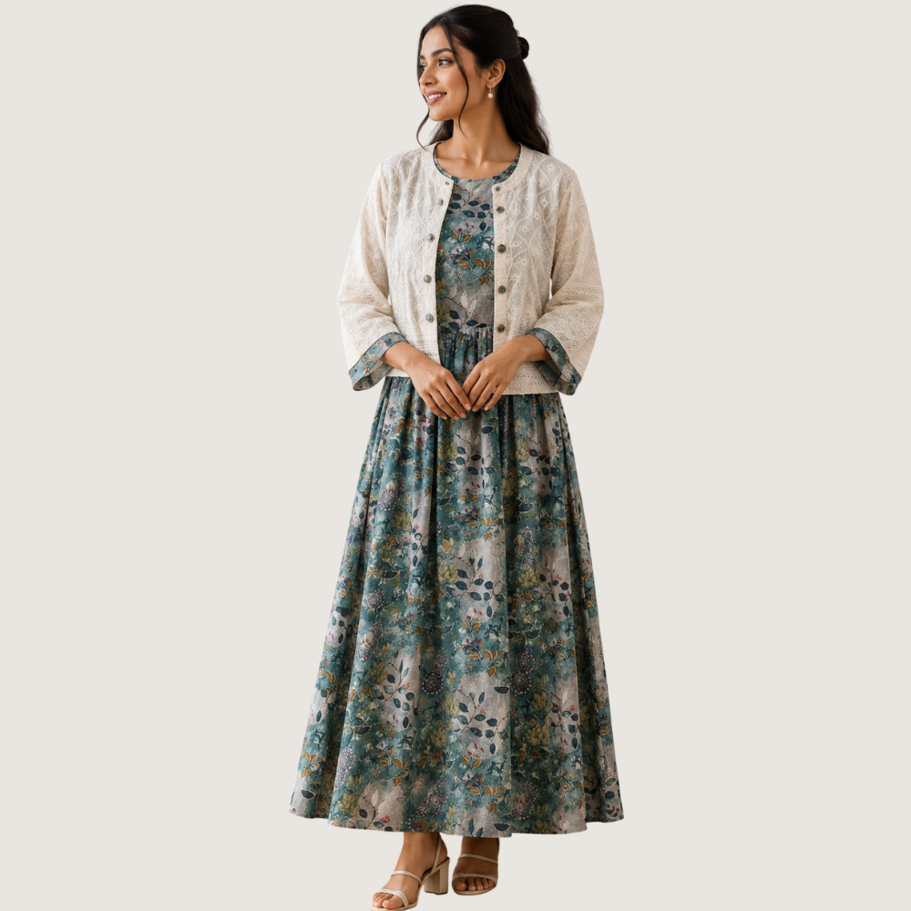 SHAGUN : Women’s Teal Floral Printed Dress with Embroidered COAT