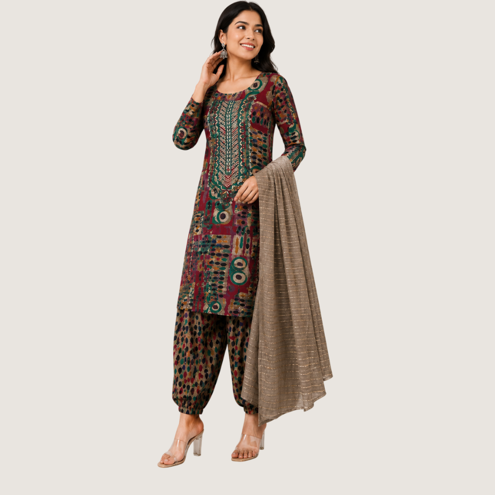 FASHION STYLE :Women’s Printed Embroidered Kurta Set with Dupatta