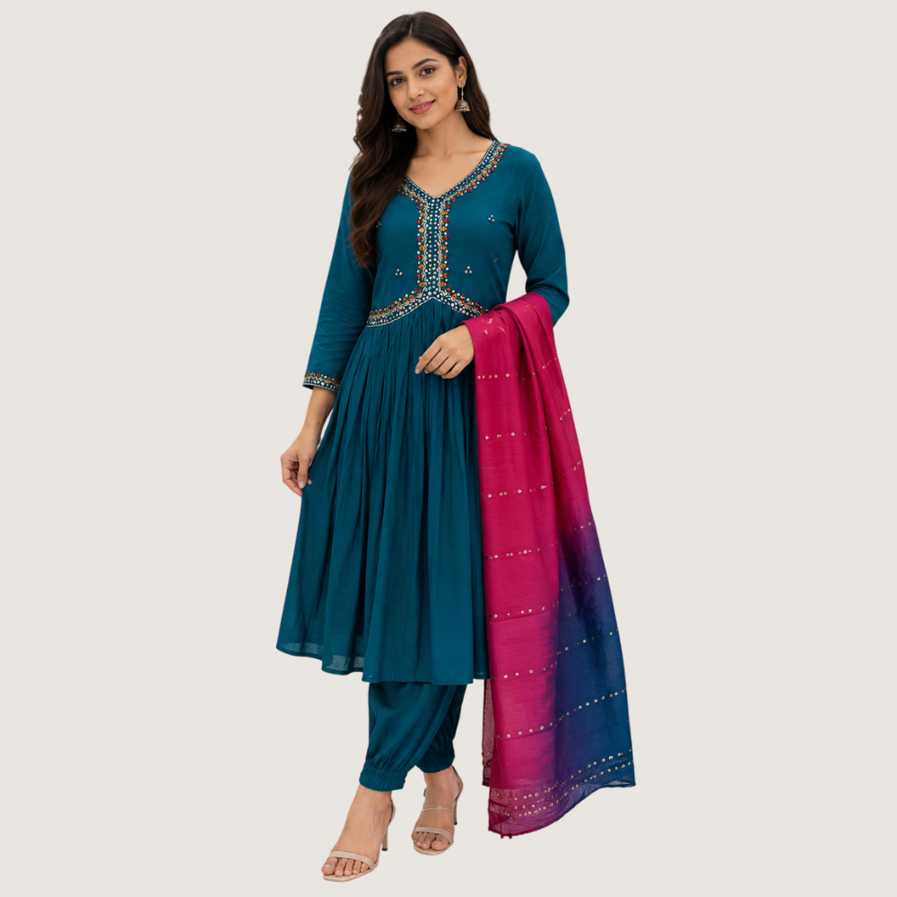 BREATHE FASHION : Women’s Teal Blue Anarkali Kurta Set with Pink & Blue Dupatta