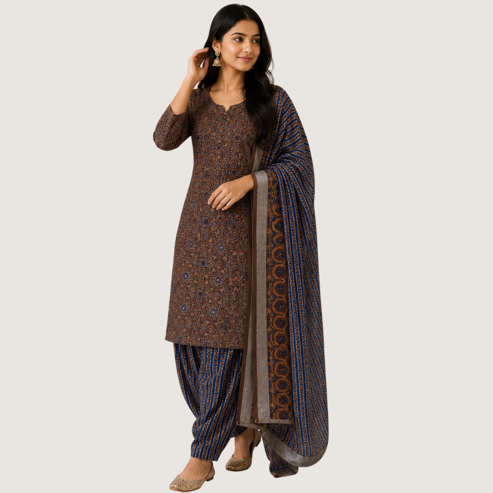 STARLINK : Elegant Brown Printed Punjabi Suit Set with Blue Printed Dupatta