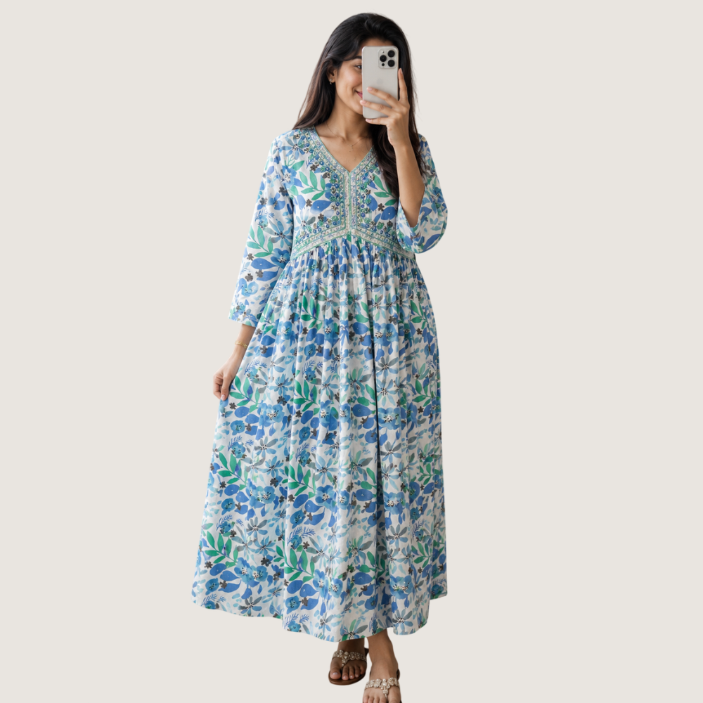 LIVA : Women’s Blue & Green Floral Printed Anarkali Dress with Embroidered Neckline