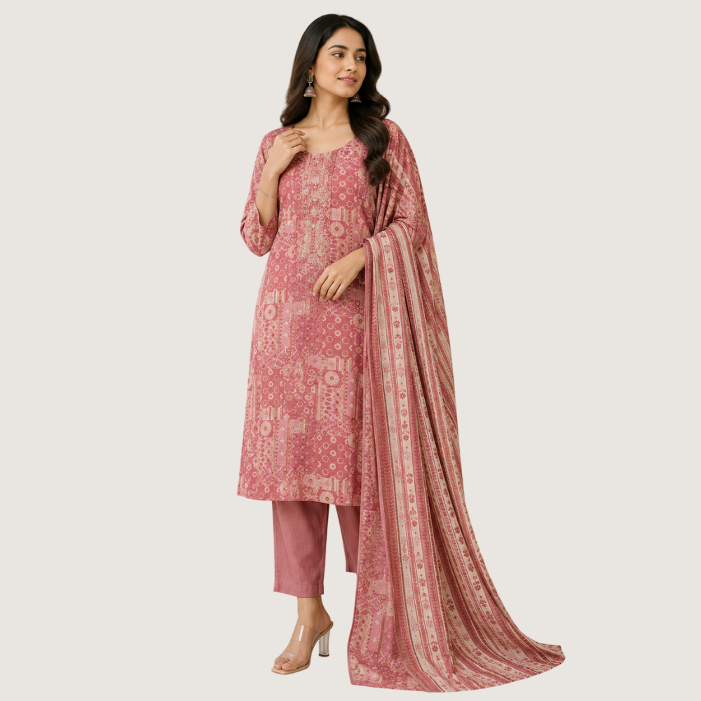 BREATHE FASHION : Dusty Rose Printed Straight Kurta Set with Matching Dupatta
