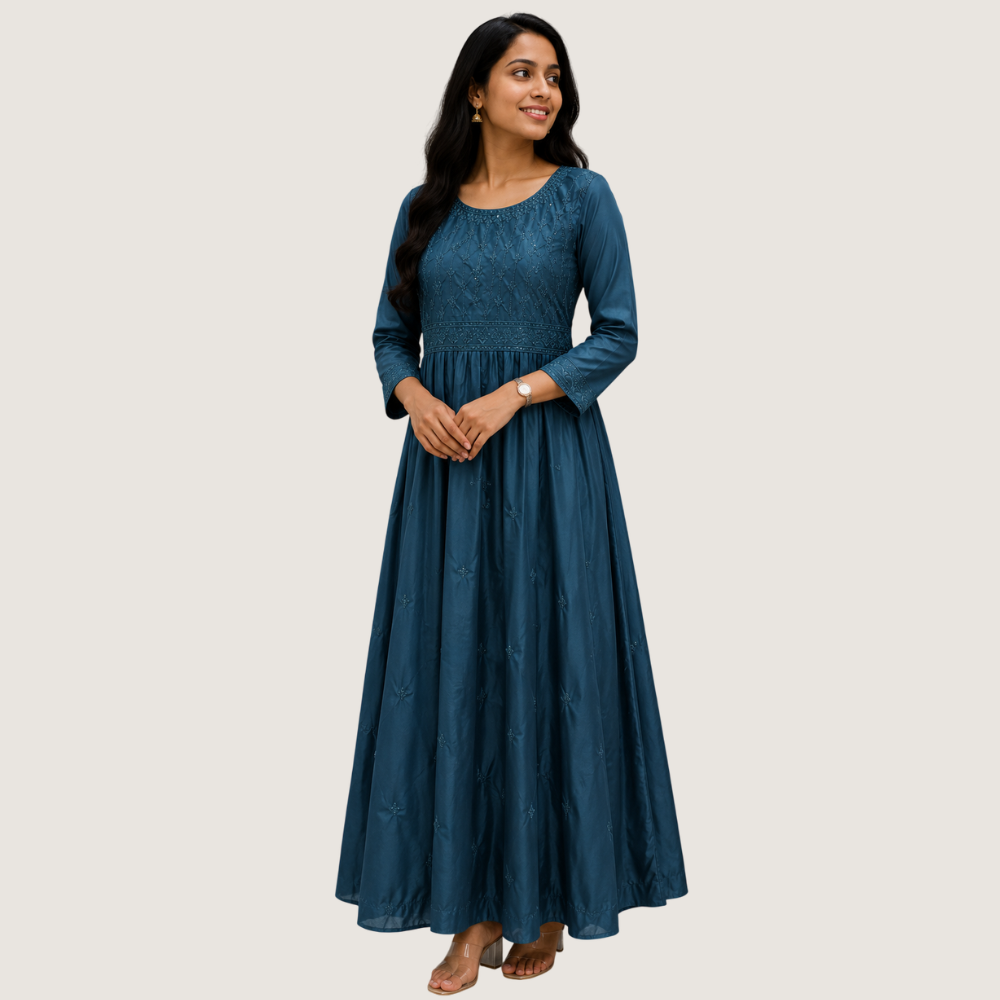 VANDAMI : Women’s Navy Blue Embroidered Flared Maxi Dress