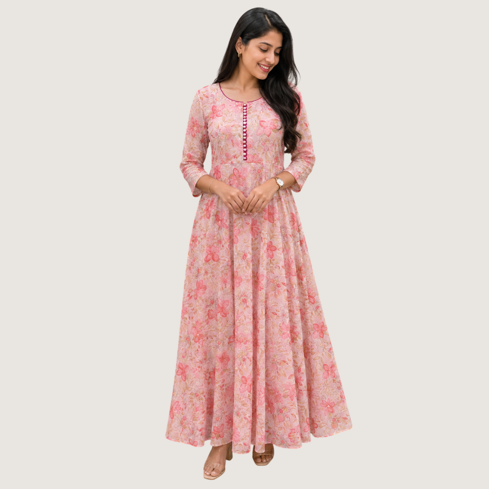 VANDAMI : Women’s Pink Floral Printed Anarkali Maxi Dress