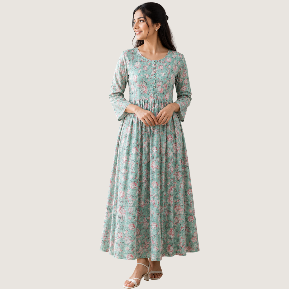 VIDARSHA :  Women’s Mint Green Floral Printed Anarkali Maxi Dress