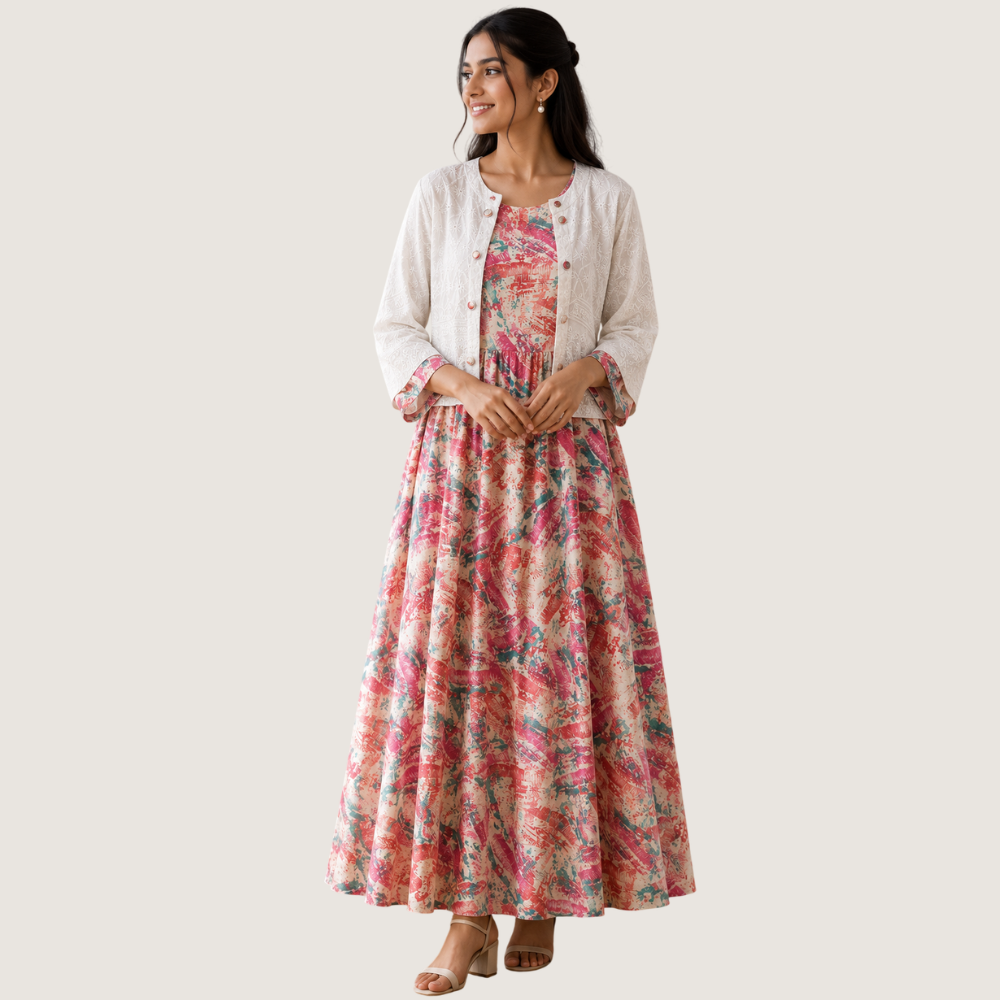SHAGUN : Women’s Pink Floral Printed Maxi Dress with White Embroidered Coat