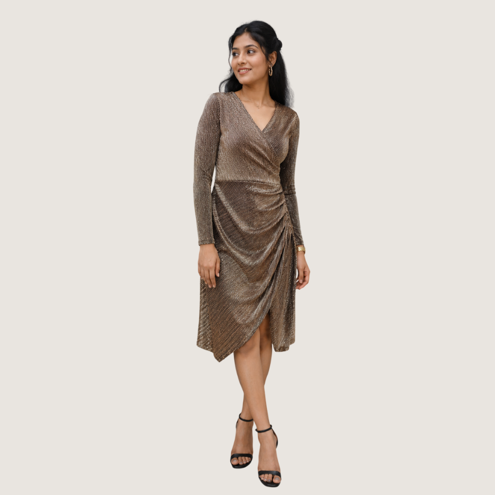 ZOLA : Brown Shimmer Wrap Style Women’s Bodycon Dress