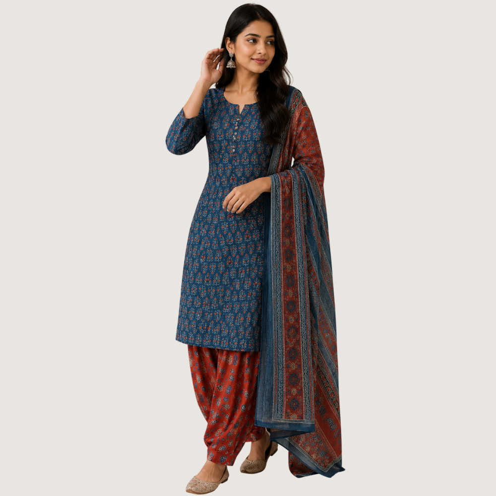 BREATHE FASHION : Elegant Navy Blue & Rust Printed Punjabi Suit Set with Patiala Pants & Dupatta