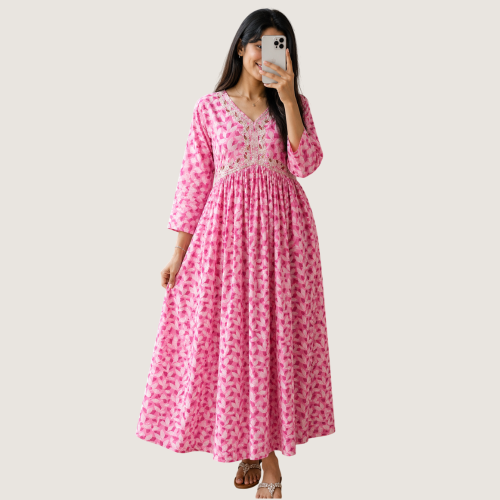 BREATHE FASHION : Women’s Blue & Green Floral Printed Anarkali Dress with Embroidered Neckline