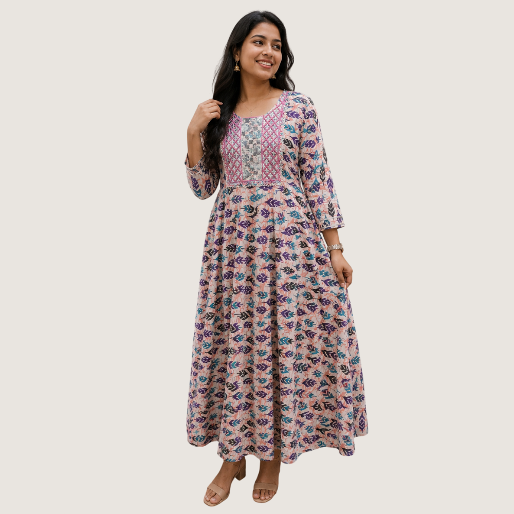 LIVA : Women’s Peach Printed Anarkali Maxi Dress with Contrast Bodice Detailing