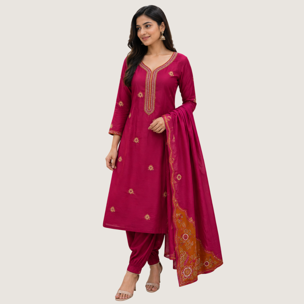 ENGLISH LADY : Women’s Magenta Embroidered Straight Kurta Pant Set with Printed Dupatta