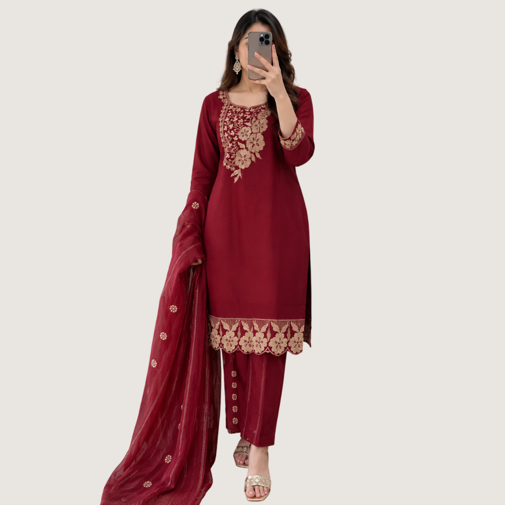 ENGLISH LADY : Maroon Floral Embroidered Kurta Set with Dupatta