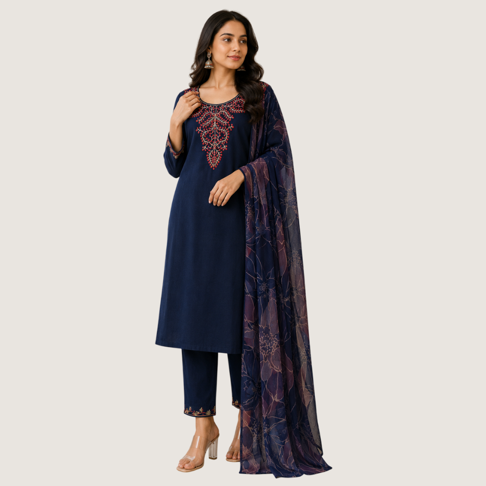BREATHE FASHION : Navy Blue Embroidered Kurta Set with Printed Dupatta