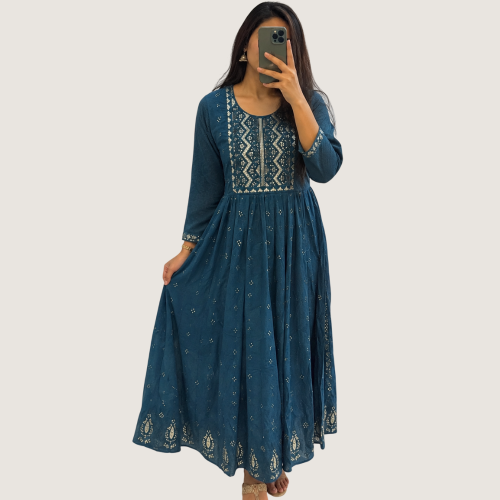 VANDAMI :Women’s Teal Blue Embroidered Flared Maxi Dress