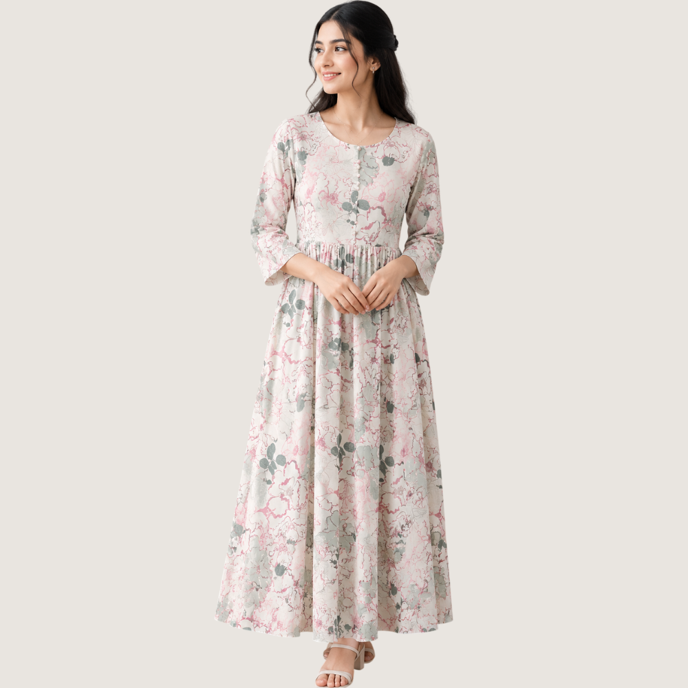 VANDAMI : Women’s Pastel Floral Printed Flared Maxi Dress
